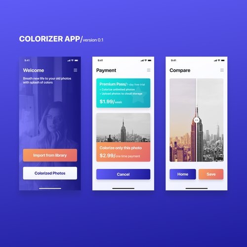 Photo design with the title 'UI design for a Colorizer app'