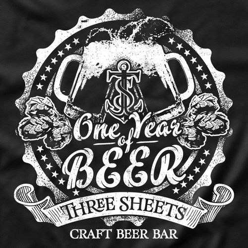 Anniversary design with the title 'One Year of Craft Beer Three Sheets T-Shirt'