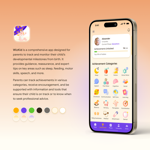 Figma design with the title 'Design a Supportive Milestone Tracking App for Parents to Monitor Child Development'