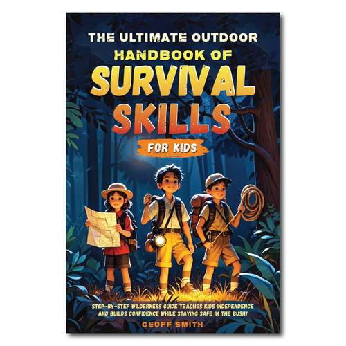 Survival design with the title 'BOOK COVER FOR HANDBOOK OF SURVIVAL SKILLS FOR KIDS'