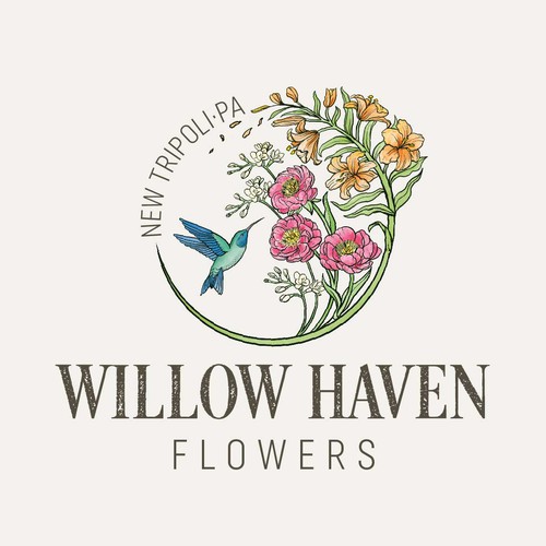 Watercolor design with the title 'Willow Haven Flowers'