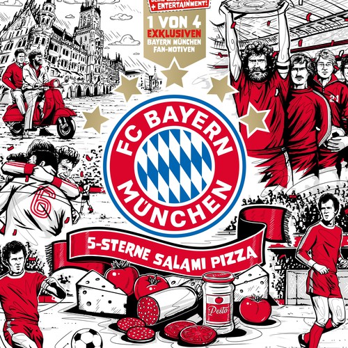 Sport packaging with the title 'FC Bayern München "5 Sterne Salami" Pizza'