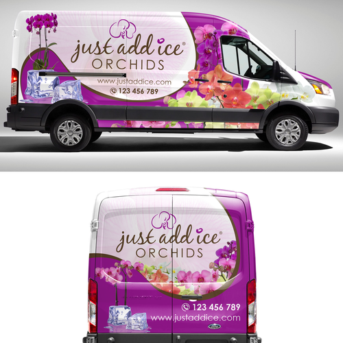 Vehicle graphic design with the title 'Just Add Ice Orchids Delivery Van Wrap'