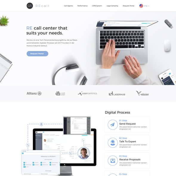 Call center design with the title 'Landing Page design for Call Center tech company'