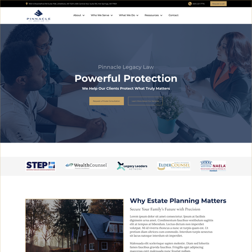 Redesigned website with the title 'Pinnacle Legacy Law Redesign'