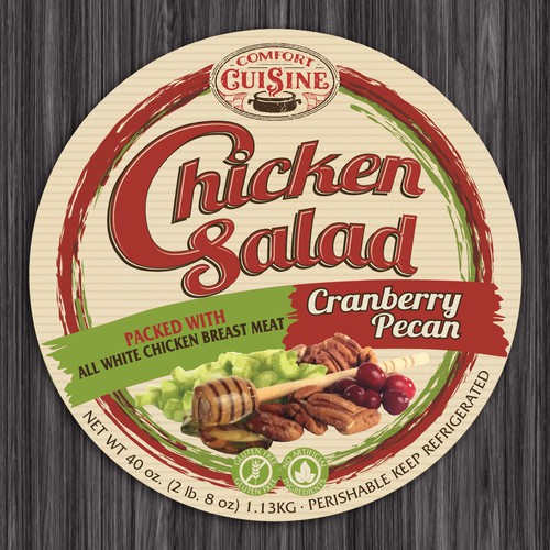 Retail label with the title 'Create a captivating delicious label for our cranberry pecan chicken salad'