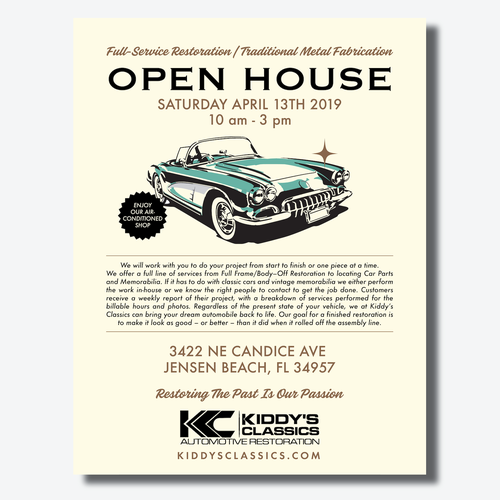 Mid-Century design with the title 'Custom Car Shop Open House Flyer'