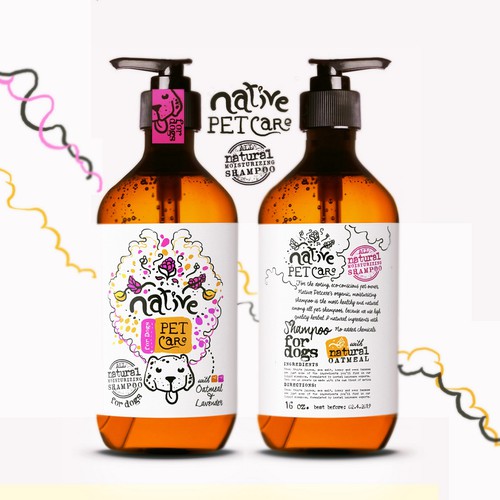 Dog label with the title 'Native Petcare, natural dog shampoo'