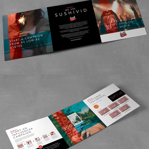 Tri-fold design with the title 'Sushivid Brochure'