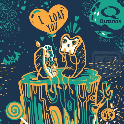 Calendar design with the title 'Quiznos Calendar of Food Puns'