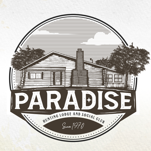 Distressed logo with the title 'Paradise hunting lodge and social club vintage logo'