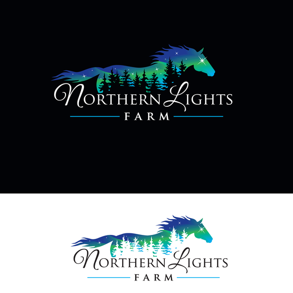 Northern Lights logo with the title 'Modern or classy mix of northern lights, horses and tree scape'