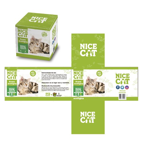 Box label with the title 'Box  ecological sand NICE CAT'