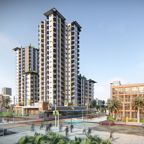 Exterior design with the title 'Arizona Apartment Building Design and Visualization'