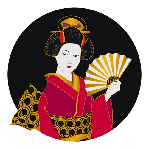 Japanese artwork with the title 'Japanese Geisha Illustration'