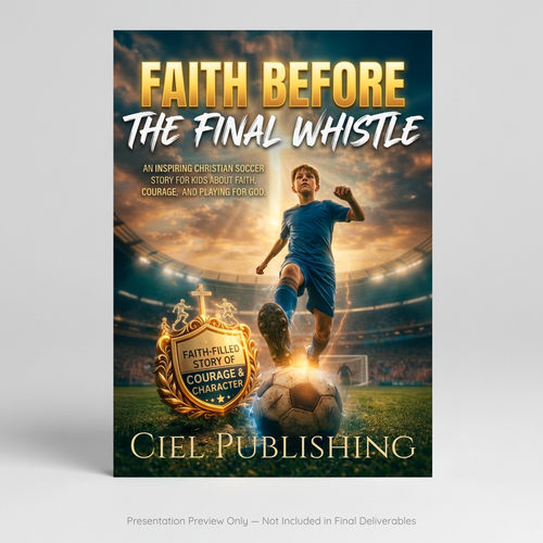 Religious book cover with the title 'Faith-Driven Soccer Cover — Cinematic Concept'