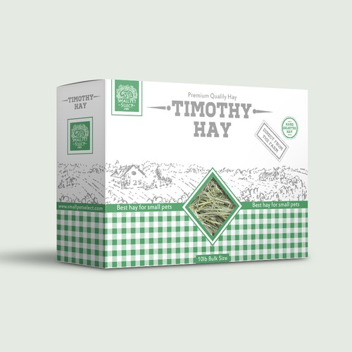 Farm packaging with the title 'packing of hay for small pets'