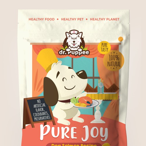 Dog food packaging with the title 'Pure Joy Salmon Dog Treats'