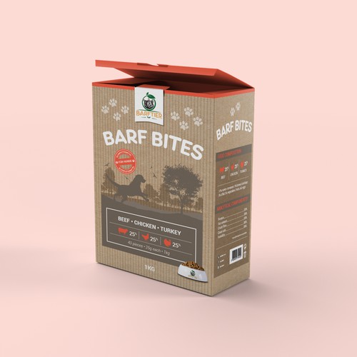 Red packaging with the title 'Dog food box'