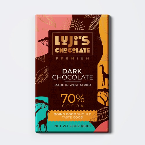 Flat packaging with the title 'Premium Luji's Chocolate'