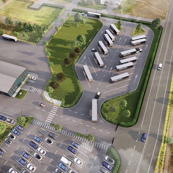 Landscape design with the title '3D design of parking lot and landscape '