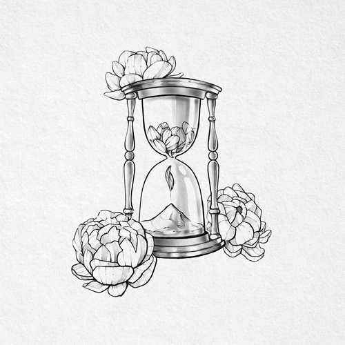 Surreal design with the title 'Surreal Sand Clock Tattoo'