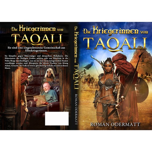 Historical book cover with the title 'Die Kriegerinnen von Taqali Entwurf'