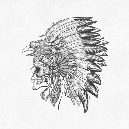 Hand-drawn t-shirt with the title 'Provocative Mexican Headdress and Skull Design'