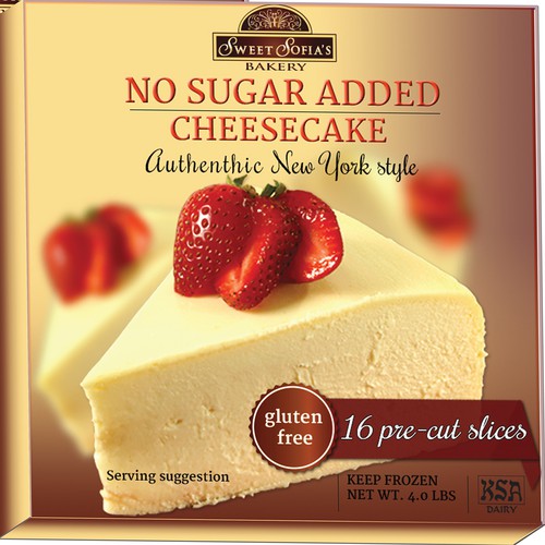 Dessert packaging with the title 'Gourmet Cheesecake Package Design (No Sugar Added)'