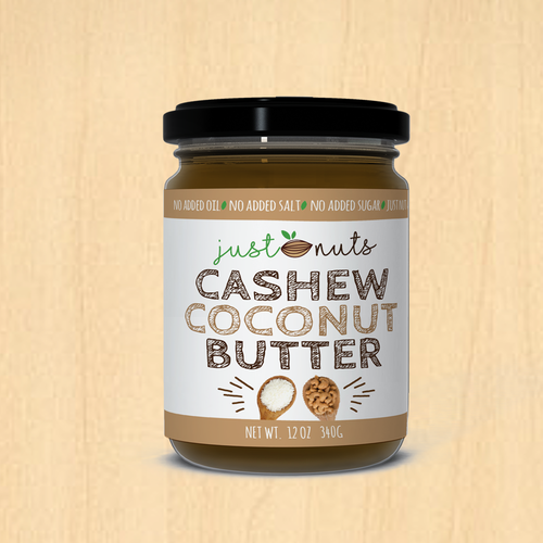 Coconut design with the title 'Fun label for nut butters.'