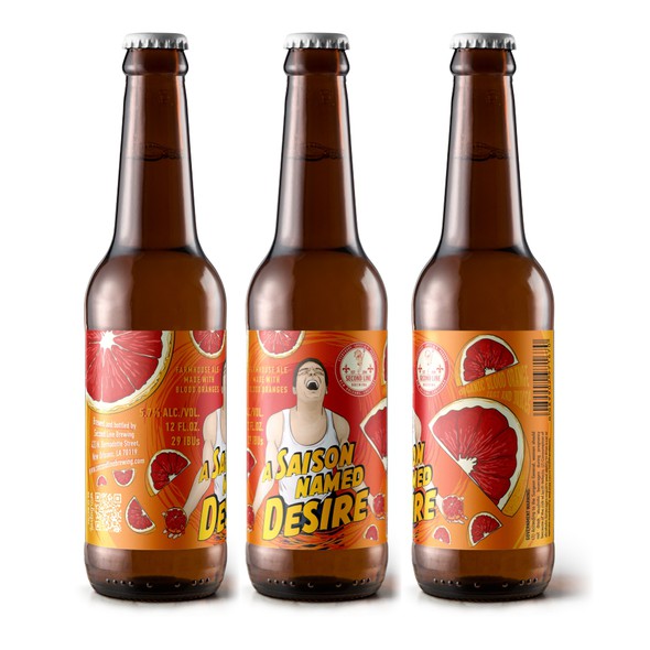 Digital media design with the title '"A Saicon Named Desire" beer label'