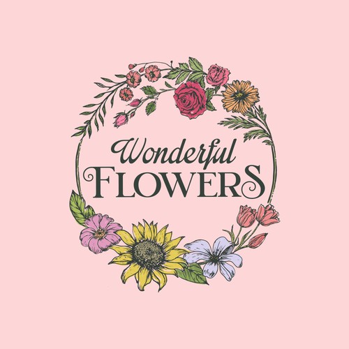 Detailed design with the title 'Logo for WONDERFUL FLOWERS shop'