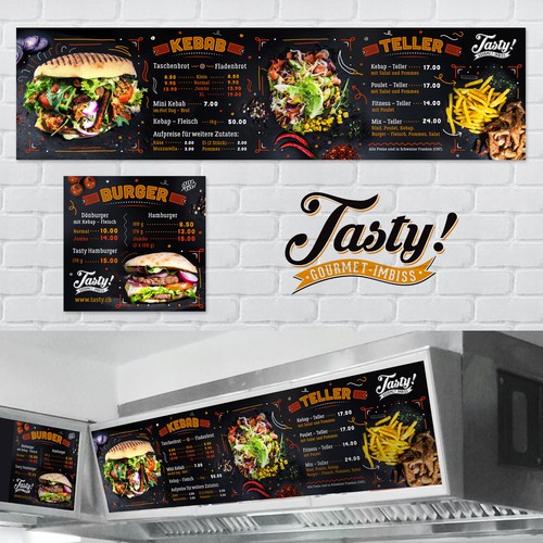 Burger design with the title 'Menuboards for a high quality take away burger restaurant'