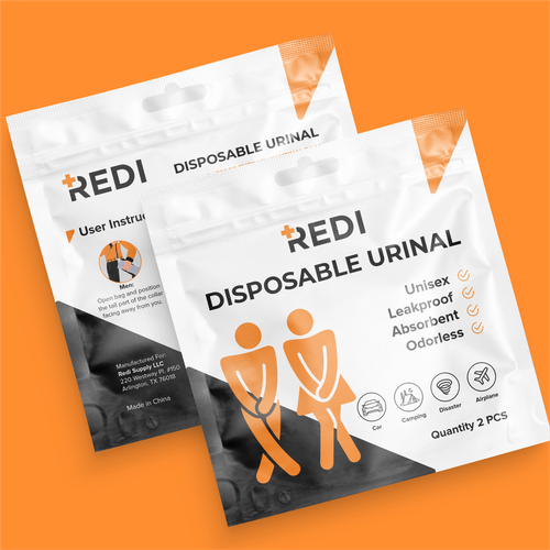 Unisex design with the title 'Emergency disposable urinal for women, men, and children. Used during long car rides, camping, disasters, and other emergency situations.'