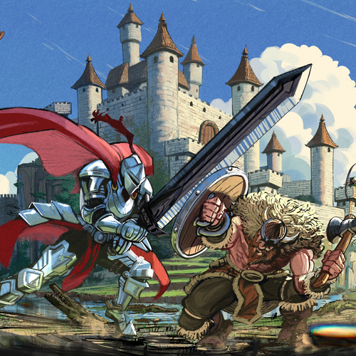 Concept illustration with the title 'an epic fight between a Viking and a knight in armor'