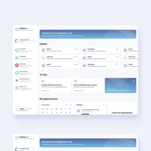 Dashboard website with the title 'Mockup Entheo.IM Community Portal'