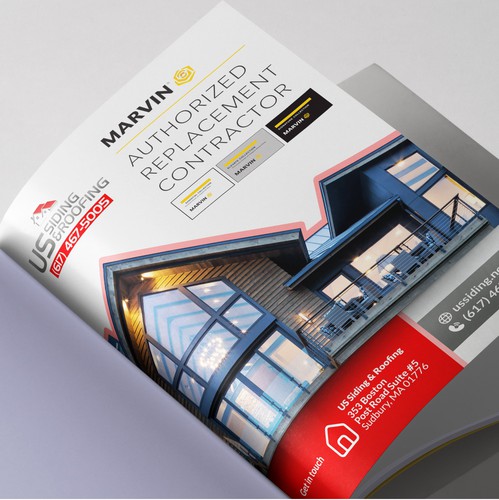 Home improvement design with the title 'US Siding & Roofing – Marvin Windows Booklet Insert'