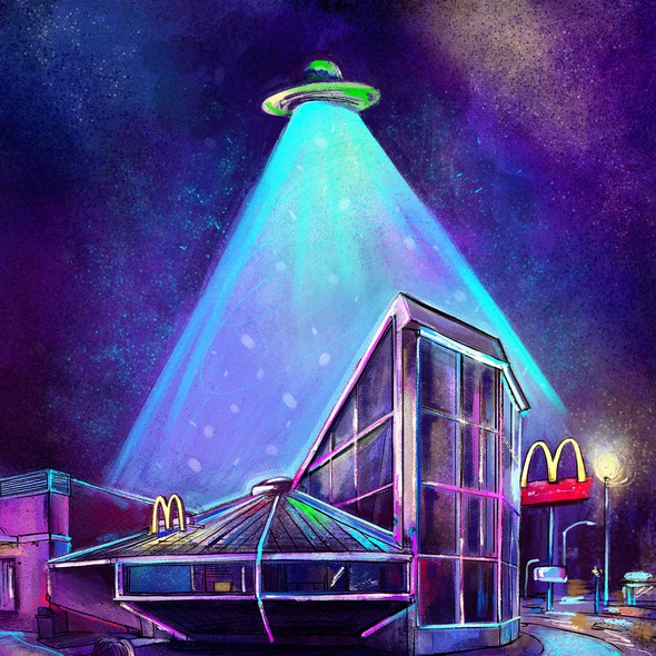 City artwork with the title 'UFO McDonald's illustration'