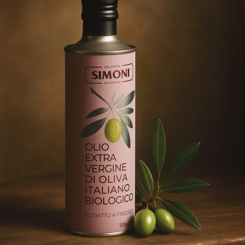 Branding label with the title 'Simoni Extra Virgin Olive Oil - Packaging and Label'