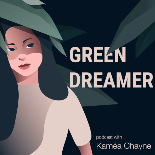 Green artwork with the title 'podcasts cover design for Kaméa Chayne '