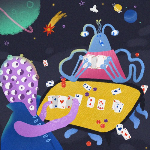 Alien artwork with the title 'Outer Space Aliens Playing Poker'