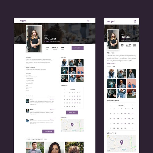 Salon design with the title 'Profile page design for Zappzi'