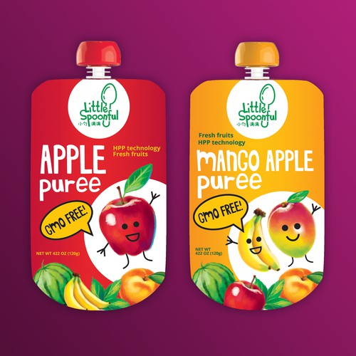 Vibrant design with the title 'Packaging design  for fruits puree'