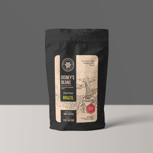 Diseño de Disney's Beans First custom ground coffee product label de nuke.art