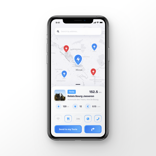 Tesla App to localise charging point on a map Design by Uladzis