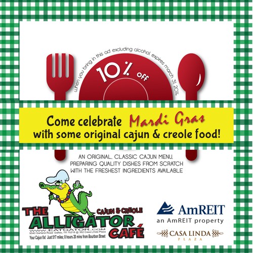 Create a Mardi Gras ad for The Alligator Cafe Design by Mili Draws