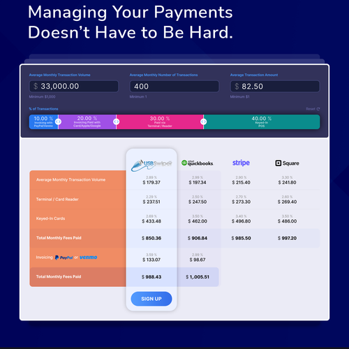 Design a landing page for a credit card processing comparison calculator. Design by Nash Radak