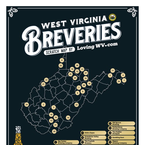 Localized Scratch Map Poster Featuring Breweries from West Virginia, USA Design by tomcept