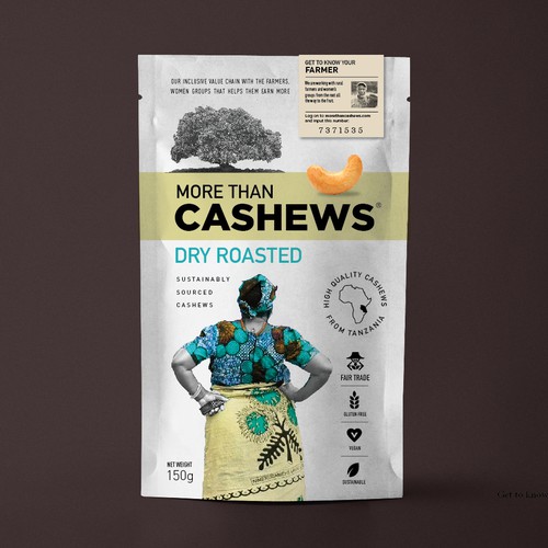 Create a beautiful stand up pouch for Sustainable, Single Origin Cashew Nuts Design by Pepper Pack Design