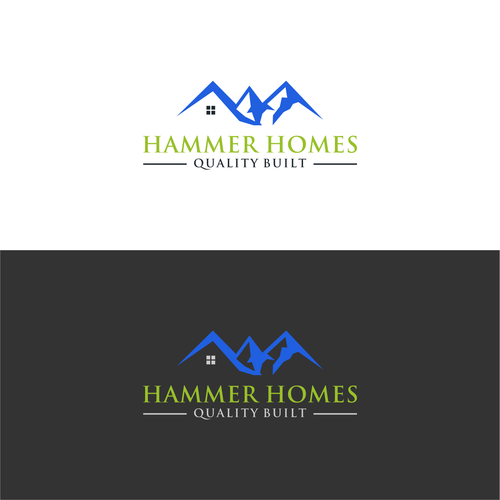 Hammer Homes needs a black font wordmark logo navy blue and green H